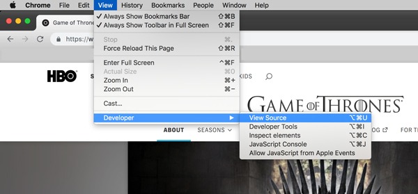 Chrome view source - GoT website - SEO